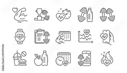 Fitness time line icons. Bike Workout, Strong Muscle Arm, Gym fit dumbbell. Training analysis, Workout plan and Cardio exercise line icons. Dumbbell sport equipment, Healthy food, Muscle. Vector