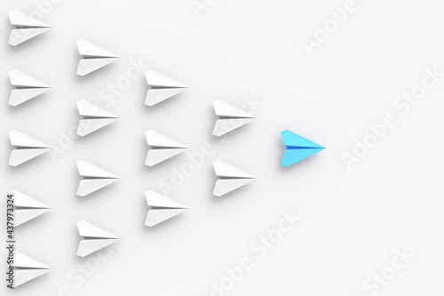 Leadership concept, blue leader plane leading white planes. 3D Rendering