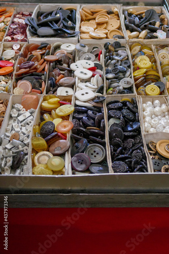 Variety of many old sewing buttons. Group of various plastic vintage button © Andrea