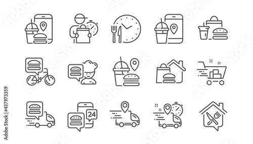 Food delivery line icons. Courier, Deliveryman, Grocery retail. Delivery truck, meal bag, home food order icons. Cart deliver, contactless service, courier location. Fast food package. Vector