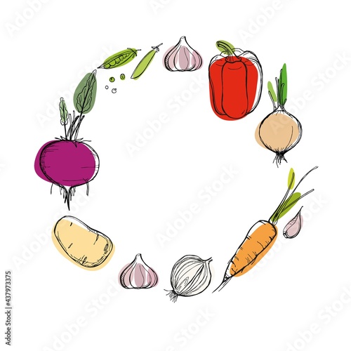 Vegetables frame. Organic food printing poster with round decorative frame consisting. Vector sketch style With bright spots. For logo, menu, farmers market, kitchen print, organic food store