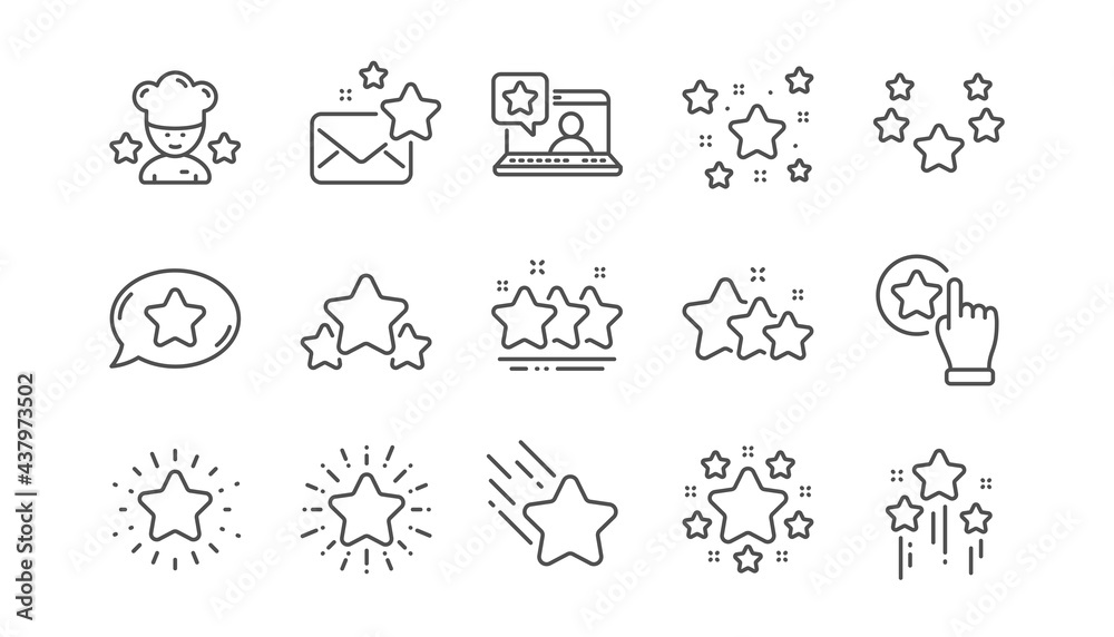 Stars line icons. Night star, Firework glitter and Favorite sign. Twinkle stars, Chef award line icons. Favorite bookmark, premium star, ranking rate. Sparkle geometry shape. Linear set. Vector