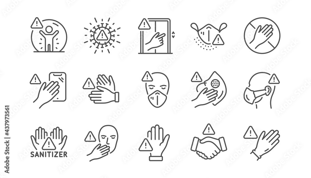 Touch warning line icons. Stop touch face, wear medical mask. Covid cough symptoms, wash and disinfect hands icons. Do not press lift buttons, protect face with medical mask. Linear set. Vector