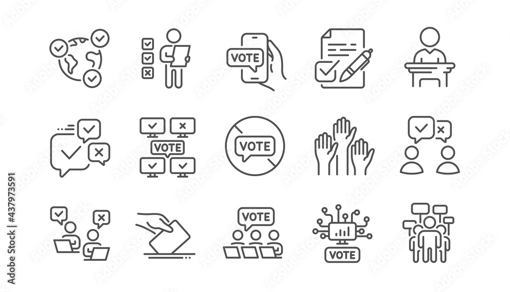 Voting line icons. Public Election, Vote Ballot Paper icons. Candidate, Politics voting and People vote. Government election, Raised hands, Document checklist. Online poll result. Linear set. Vector