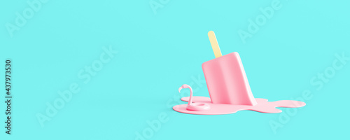 The pink ice cream on the stick is melting and flamingo life belt are floating on it. Creative minimal summer concept on pastel blue background. 3d render 3d illustration