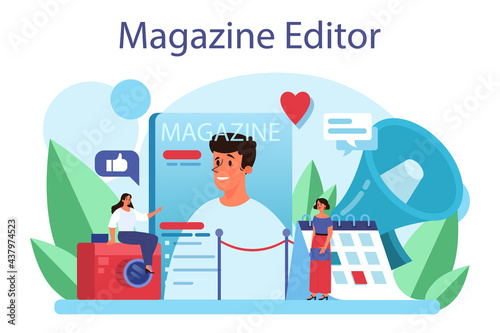Magazine editor concept. Journalist and designer working on magazine