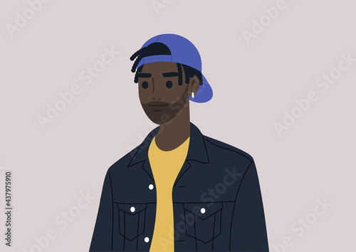 A young male Black character waring a cap backwards, modern African American culture