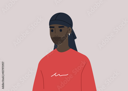 A young male Black character wearing a durag headpiece, African modern culture