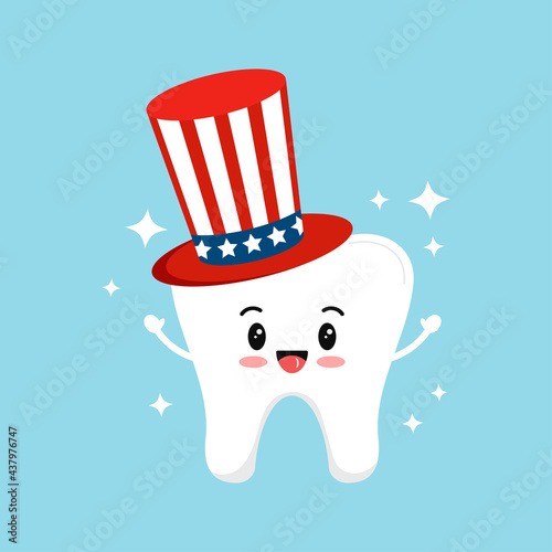 4 th of July tooth dental icon isolated. Dentist cute tooth character in Uncle Sam hat. Flat design cartoon style vector independence day dental illustration.