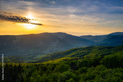 Fototapeta Naklejka Na Ścianę i Meble -  Panorama of the Silesian Beskids from Rownica peak at sunrise. Poland