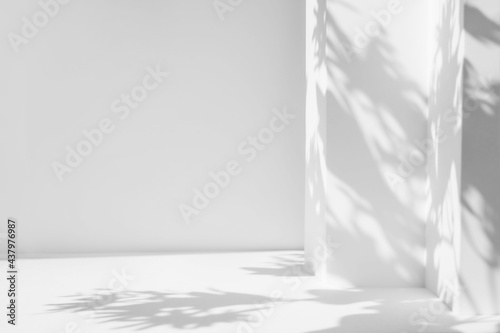 Fototapeta Naklejka Na Ścianę i Meble -  White table and abstract geometric wall background with flowers and palm leaves shadows overlay. Abstract gray studio background for product presentation. 3d room with copy space. Summer concept.