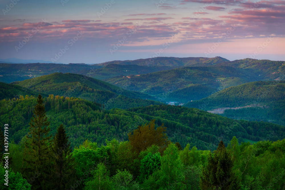 Panorama of the Silesian Beskids from Rownica peak at sunrise. Poland