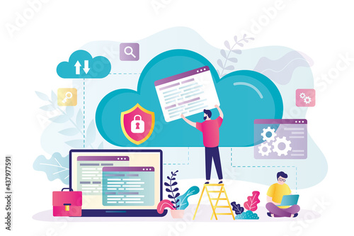 Male character transfers data to cloud storage. Worker configures and optimizes storage. Concept of cloud computing and data backup