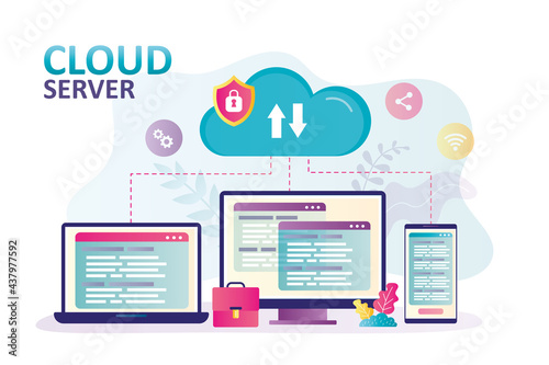 Different devices connected to same cloud storage. Concept of cloud computing and data security