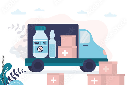 Truck full of medical supplies and cardboard boxes. Delivery of vaccines against coronavirus