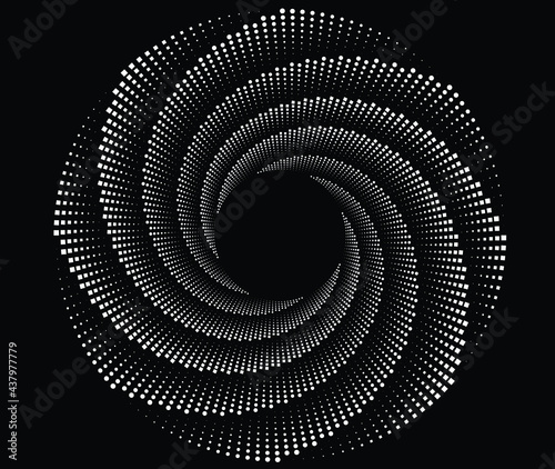  White halftone dots in vortex form. Geometric art. Trendy design element.Circular and radial lines volute, helix.Segmented circle with rotation.Radiating arc lines.Cochlear