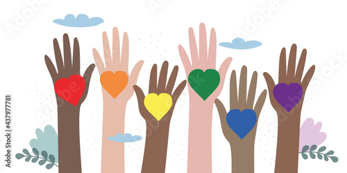 Vector illustration of LGBT community. Hands of different colors with rainbow hearts. Crowd of people with symbols at a gay parade. Design for poster, flyer, postcard, banner, web