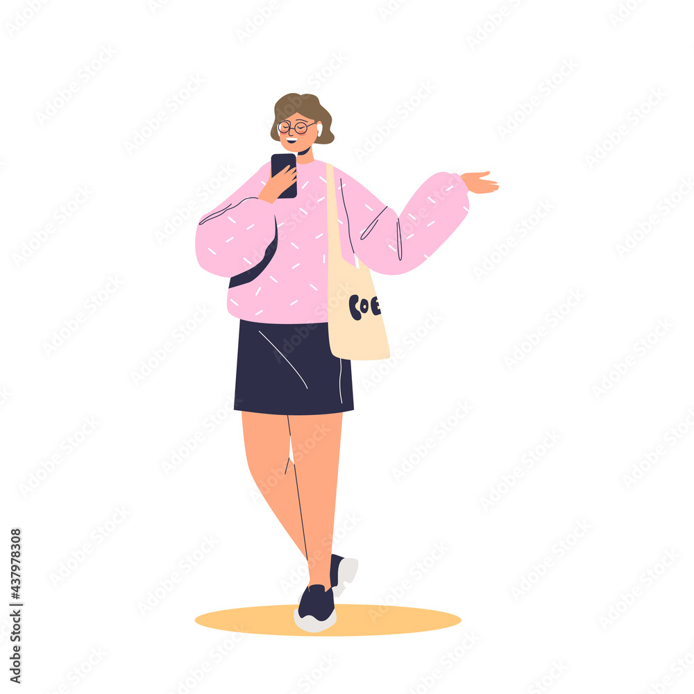 Young woman speak on smartphone using wireless headphones and video call connection Young woman speak on smartphone using wireless headphones and video call connection