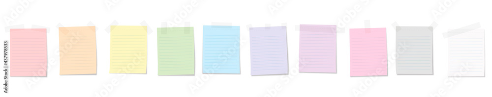 Paper notes attached with adhesive stripes, colorful lined shopping list notepads. Isolated vector illustration on white background.
Paper notes attached with adhesive stripes, colorful lined shopping list notepads. Isolated vector illustration on white background.