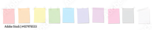 Paper notes attached with adhesive stripes, colorful lined shopping list notepads. Isolated vector illustration on white background.
 photo