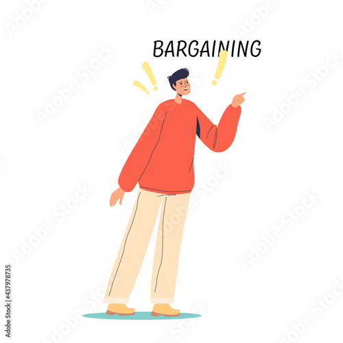 Man bargaining, negotiating find solution to problem. Bargain stage of acceptance
