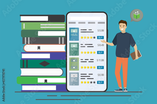 Businessman advertises bookstore. Mobile app for buying books. Male client chooses product in online store. Huge pile of books or textbooks.