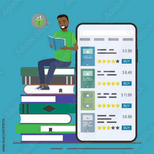 African American guy is sitting on pile of books and read. Male student reads textbook. Buying books in online store. Smartphone with bookstore app.