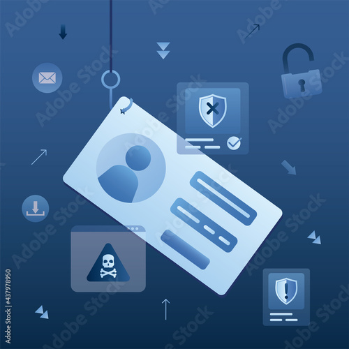 Online scam, malware and password phishing. Profile card hooked by hackers. Data phishing, concept background in trendy blue style. Stealing information.