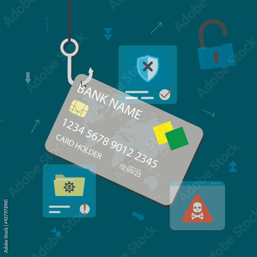 Data phishing, concept background. Online scam, malware and password phishing. Credit card hooked by hackers. Stealing information and money.