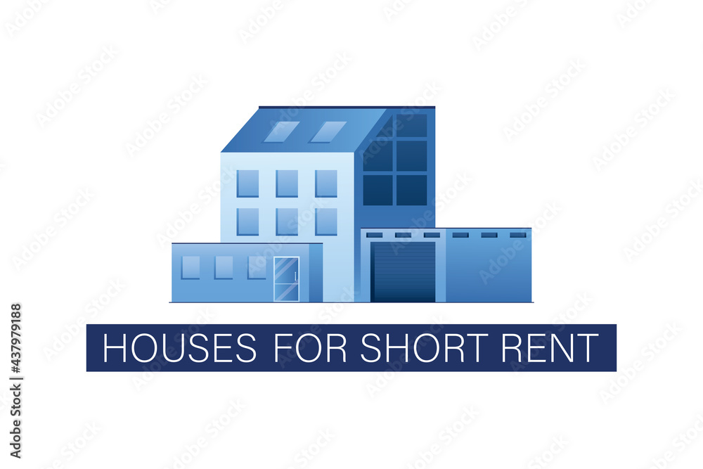 House for short rent. Logo or icon, for real estate promotion. Horizontal banner template. Modern house building with garage. Marketing campaign.