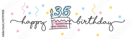 35th Birthday handwritten typography lettering Greeting card with colorful big cake, number, candle and confetti