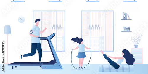 Family doing fitness at home. Father run on treadmill. Slim mother doing yoga poses. Kid girl jumping rope. Sports, gym at home, room interior.