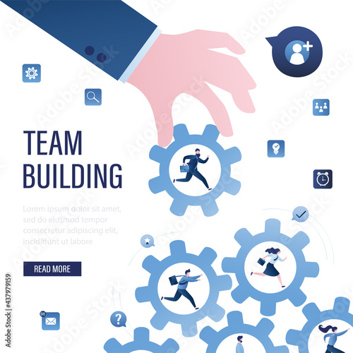 Team building concept. Big boss hand adds new employee. Various employees run in giant gears. Teamwork, interaction in company. Tiny business people.
