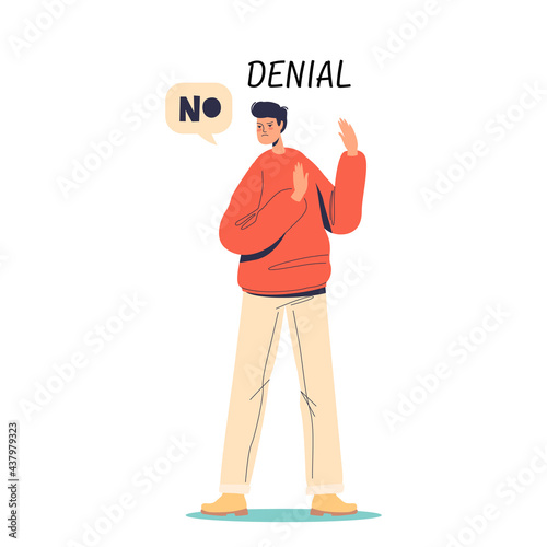 Denial stage of acceptance: man denying problem, depression and mental disorder