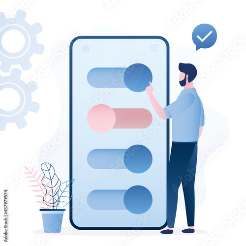 Male user moves sliders of settings. Smartphone system adjust, control panel. Cell phone and handsome man in trendy blue style.