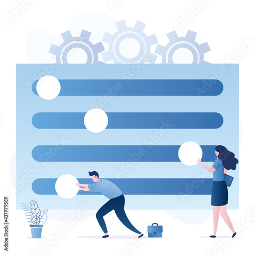 Funny users moves sliders of settings. System adjust, control panel. Customization of user interface. Tiny people characters in trendy blue style.