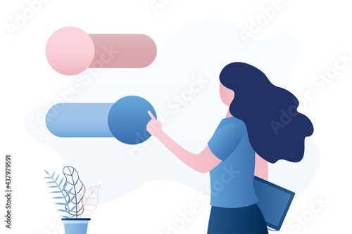 Cute user girl moves sliders of settings. System adjust, control panel. Horizontal icons and woman in trendy blue style. User interface. Change gadget settings.