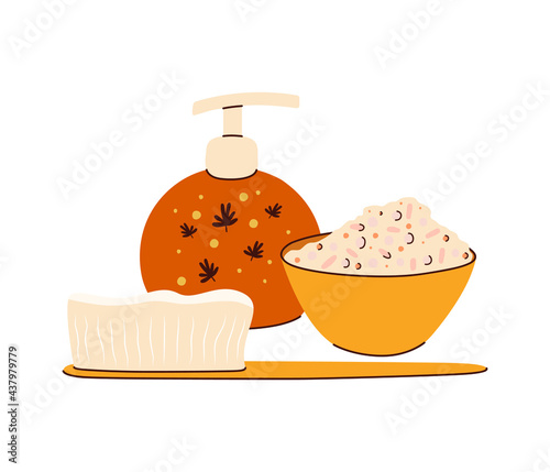 Flat vector cartoon illustration of body scrub, washcloth brush and lotion. Isolated design on a white background.