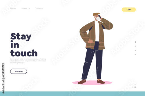 Stay in touch concept of landing page with senior business man talking on smartphone