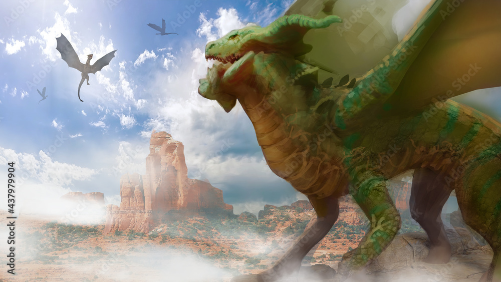 Obraz premium Digital painting of a green dragon creature in a desert environment - digital fantasy painting