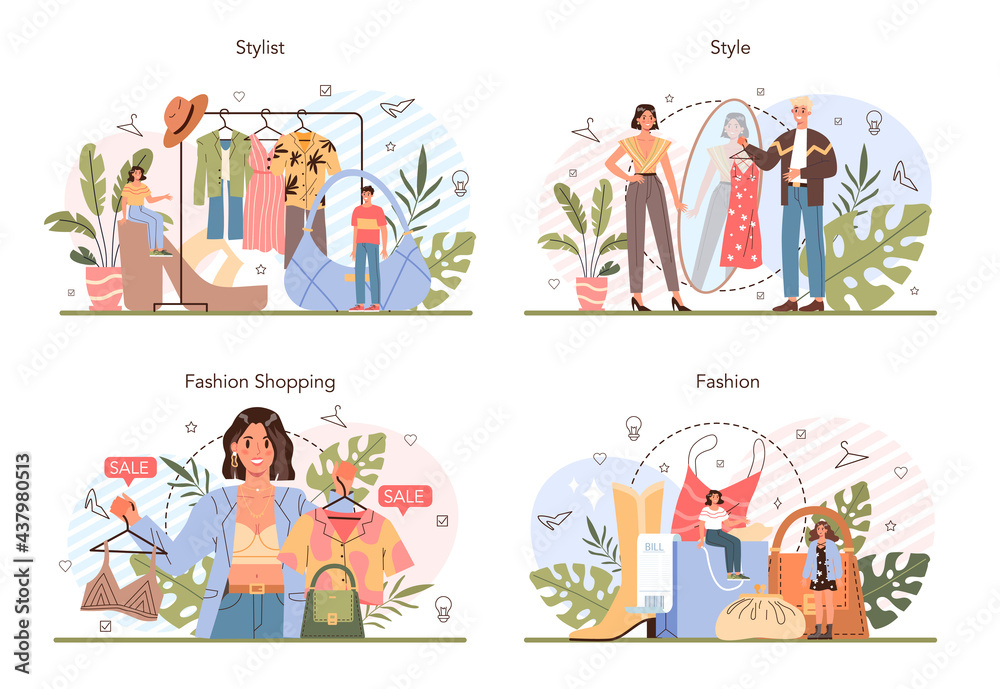 Fashion stylist concept set. Modern, creative job, professional fashion Fashion stylist concept set. Modern, creative job, professional fashion