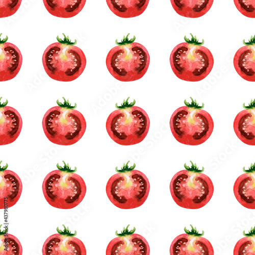 A simple tomato pattern. The image is hand-drawn and isolated on a white background. Watercolour painting.