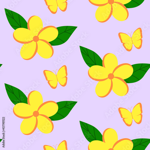 A seamless pattern of yellow tropical flowers and butterflies.