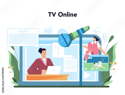 Announcer online service or platform. TV presenter, radio host in studio.