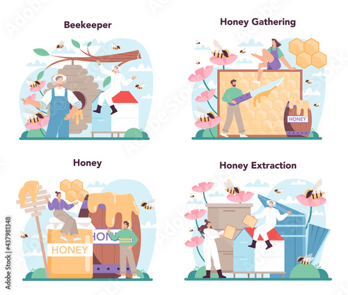 Hiver or beekeeper concept set. Professional farmer gathering honey
