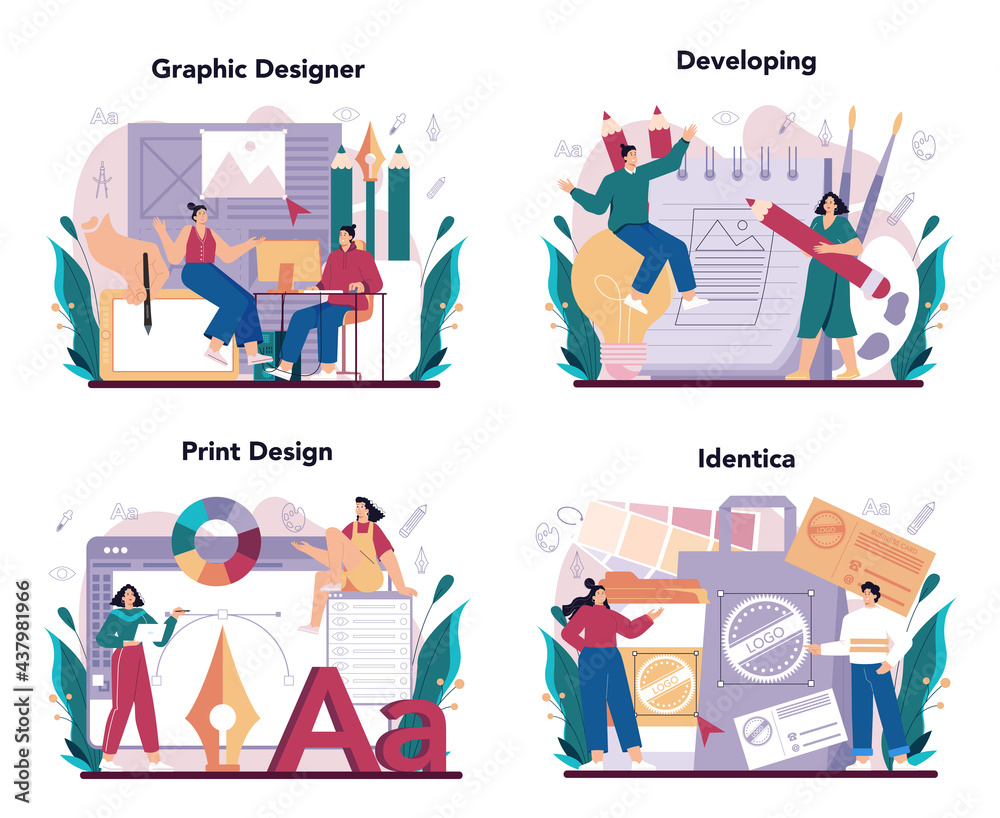 Graphic designer concept set. Digital artist creating brand design