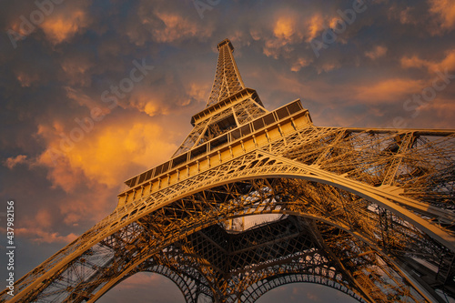 Paris Eiffel tower France travel landmark, Eiffel Tower at sunset in Paris, France. Romantic travel background