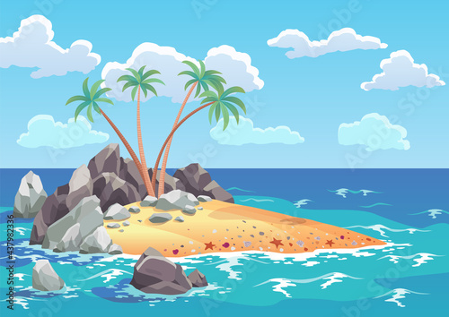 Pirate ocean island in cartoon style. Palm trees on uninhabited sea island. Tropical landscape with sandy beach and tropical nature