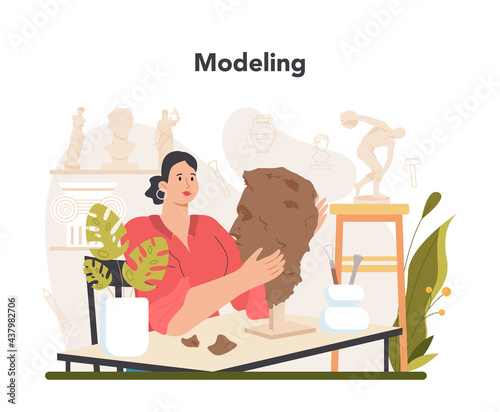 Sculptor concept. Creating sculpture of the marble, wood and clay.