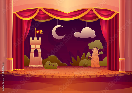 Theater stage with red curtains and on light. Vector cartoon illustration of theatre interior with empty wooden scene, luxury velvet drapes and decoration with clouds and bushes